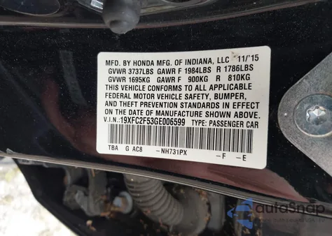 2016 Honda Civic Lx из США, поврежденный, VIN 19XFC2F53GE006599